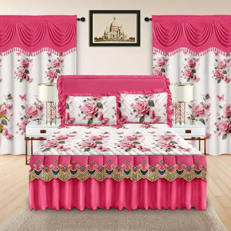 Liliana Collection 5 pcs Bed Skirt Set for King Size Bed with Floral Design and Pink Color - Elevate Your Bedroom Decor with Elegance and Style