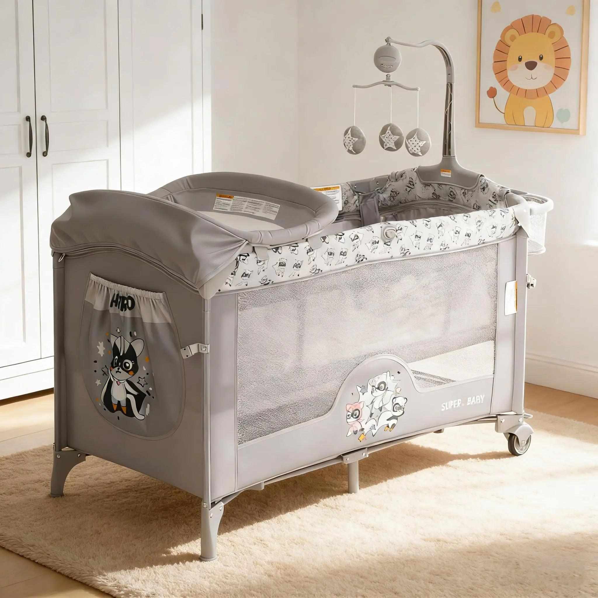 4 in 1 Baby Bassinet Bedside Sleeper Portable Pack and Play with Changing Table, Locking Wheels, Zip Door, Storage & Toy Bar for Toddlers (Light Grey)