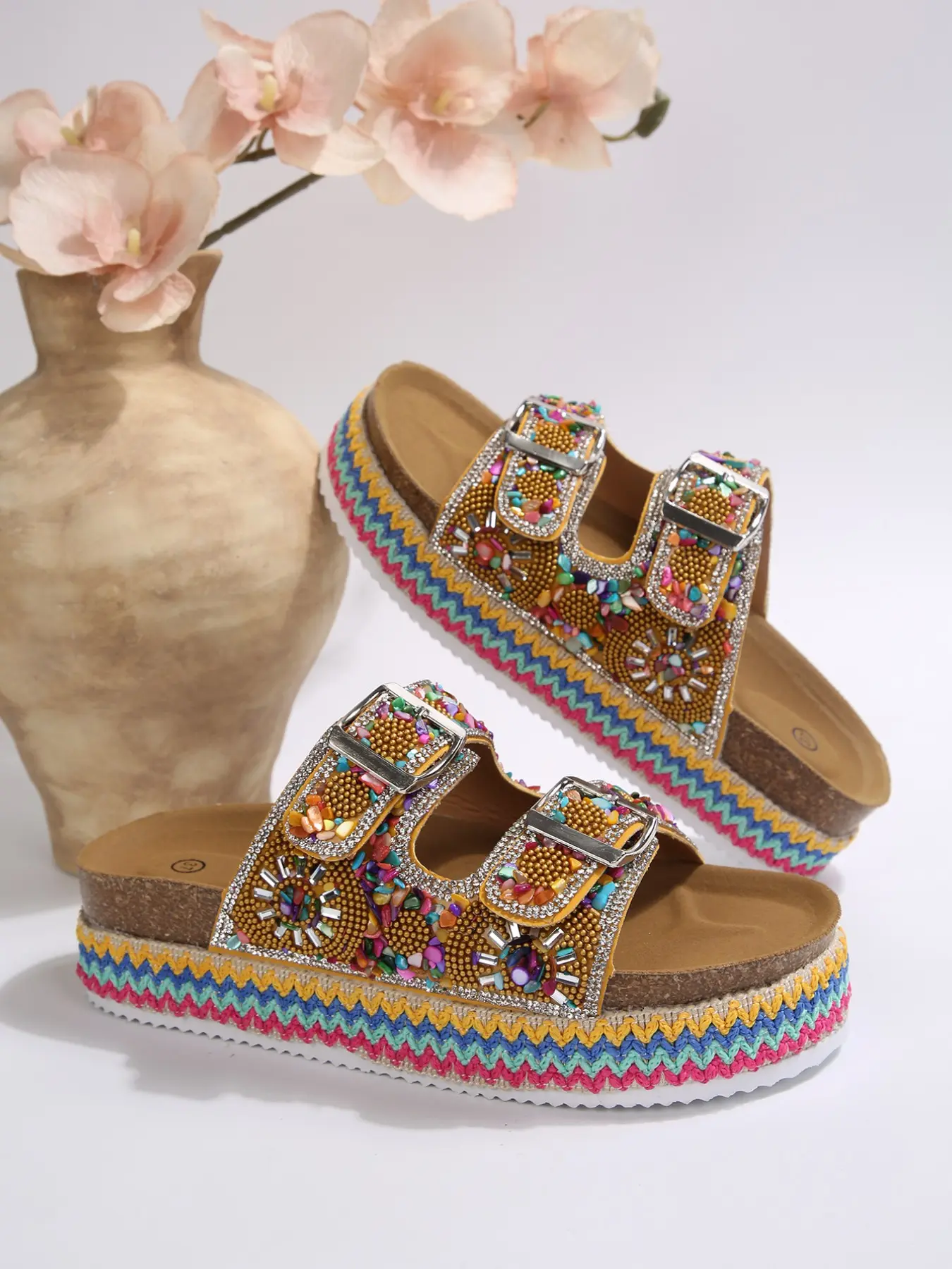Women's Ethnic Style Rhinestone Thick Sole Sandals, Bohemian Summer Comfort Outdoor Shoes, Easy Match Vacation, Thick Soled Sandals