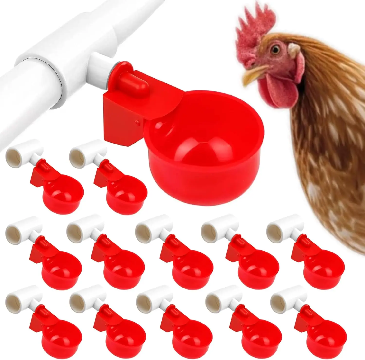 24 Pack Automatic Chicken Waterer Cups Kit, Gravity-Fed Poultry Drinker with PVC Tee Fittings for DIY 1/2" Pipe System for Chickens