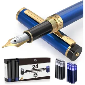 Fountain Pen - Medium Nib | Includes 24 Ink Cartridges (12 Black 12 Blue) and Ink Refill Converter | Calligraphy Pen, Consistent Writing, Smooth Flow - Blue. Pdf Guide Convenient