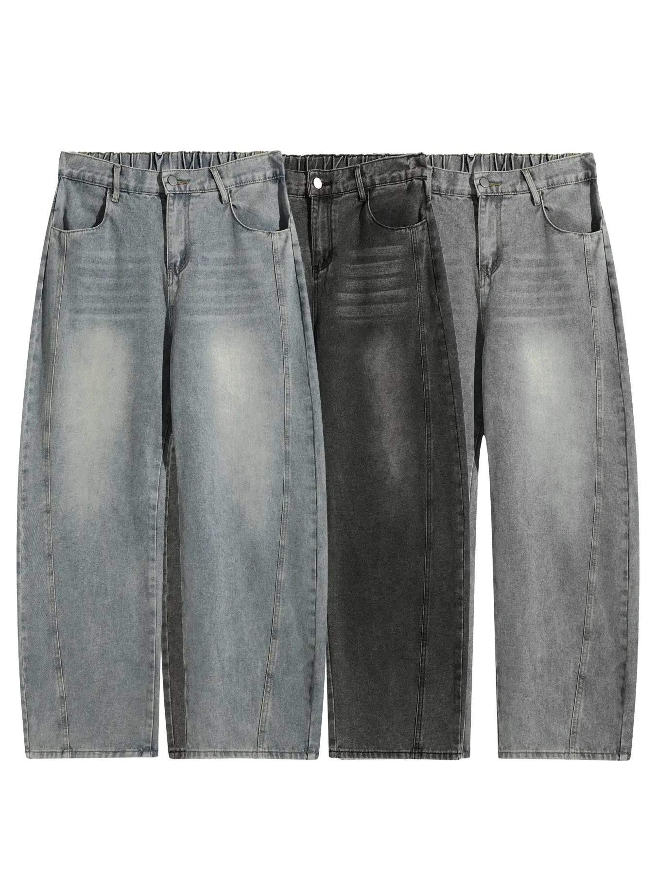 Men’s dark gray washed loose-fit denim jeans with an elastic waistband, wide straight legs, vintage hip-hop street style, plus-size casual long jeans