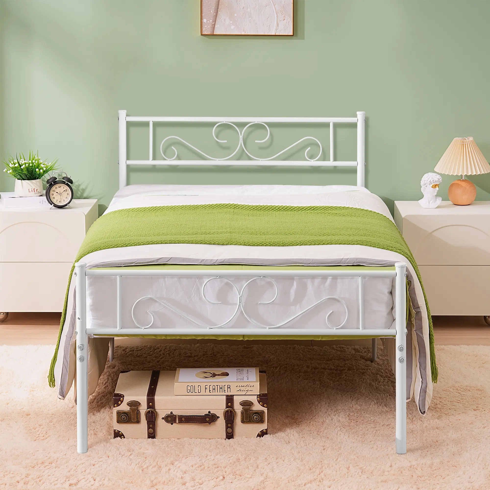 VECELO Metal Platform Bed Frame with Headboard & Footboard, Steel Slats Mattress Foundation, No Box Spring Needed, Twin Full Queen Bed White