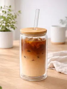 Double Wall Glass Cup (No Sweat) – 12oz Iced Coffee Tumbler with Lid & Straw