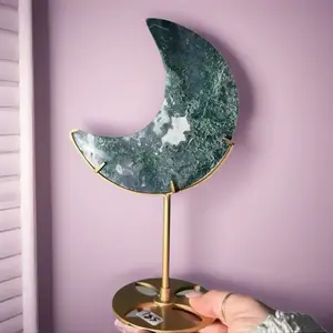 Moss Agate Moon on Stand - Sapphire & Sage Energy Earthy Greens