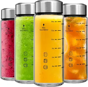 Glass Juice Bottles 4 Pack 16 oz - Wide Mouth Glass Water Bottles with  - Borosilicate,Stainless Steel  for Juicing, Smoothies, Infused Water, Beverage Storage, Leakproof, ,