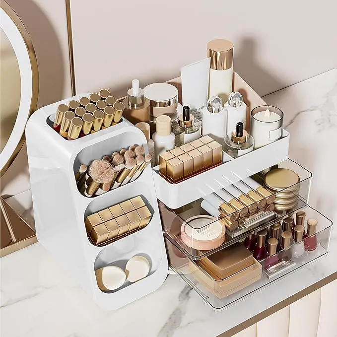 UFORU Desktop Makeup Organizer with 3-Tier Transparent Drawers Cream White ABS Plastic Waterproof Cosmetic Storage Box for Brushes Lipsticks & More