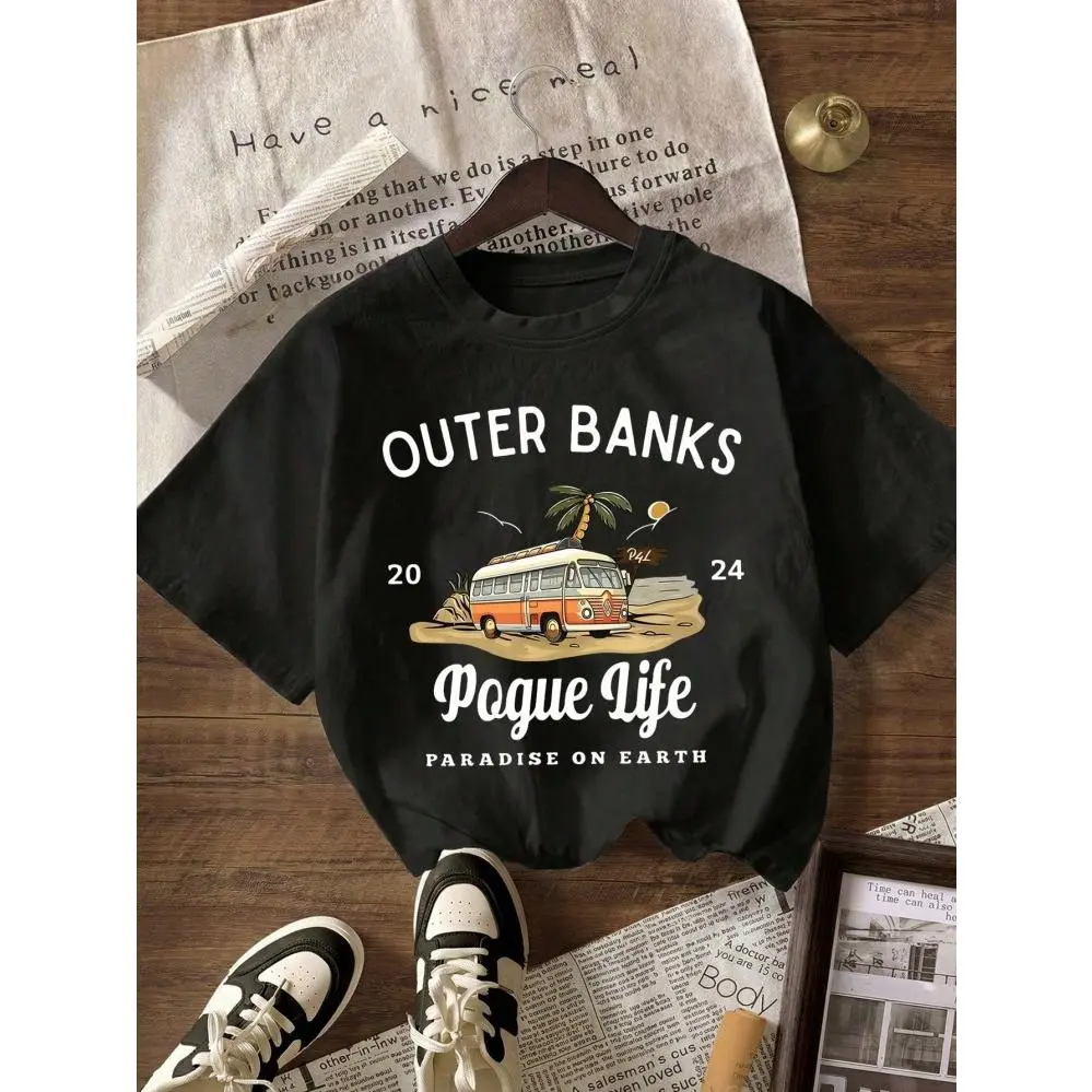 Outer Banks Pogue Life Graphic Tee Women Vintage Beach Van Print Short Sleeve Crewneck Oversized Casual Summer Vacation Outfit Soft Cotton T Shirt