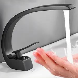 Single Handle Bathroom Sink Faucet, Modern Brass Curved Single Handle Basin Lavatory Mixer Tap, 1 Hole Vanity Waterfall Faucet, Matte Black & Polished Chrome