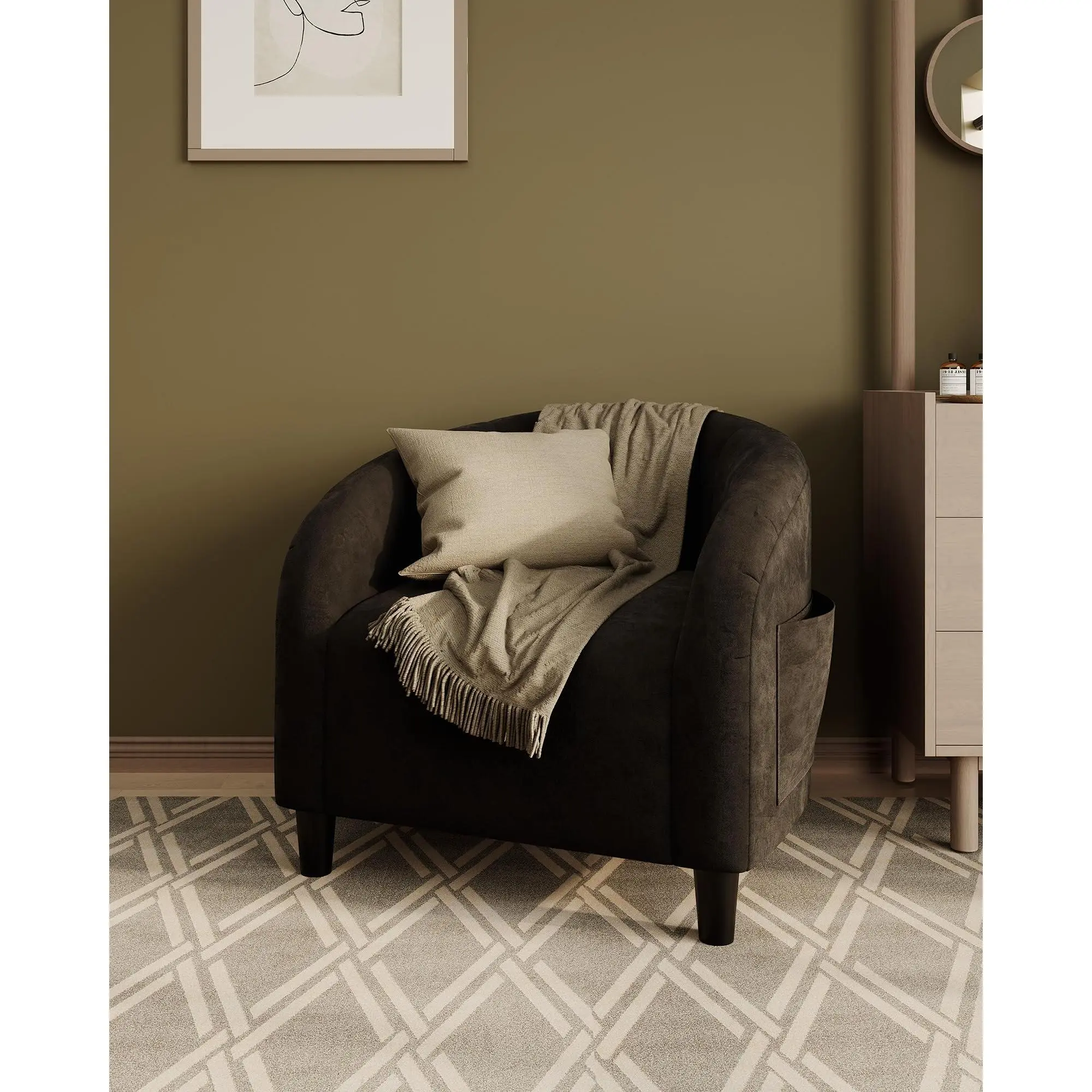Garvee Velvet Accent Chair Club Chair Cozy Armrest Upholstered Barrel Chair with Solid Legs for Living Room Bedroom Study Waiting Room(Black)
