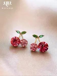 Elegant Sweet Tiny Cherry Stud Earrings, Rhinestone Embellished, Unique Design, Perfect for Women Daily Commute, Festive Gatherings, Pretty Studs, Stud Earrings Jewelry