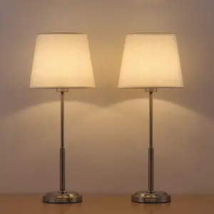 2-piece bedside lamp set - brushed nickel table lamp with linen lampshade and silver metal base, elegant bedside lamp, suitable for bedroom, hotel, dormitory, office, girls' room
