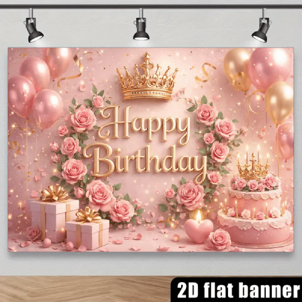 Luxury 2D Flat Polyester Birthday Party Backdrop Banners, Pink Gradient Background with Light Spots, Heart-Shaped Accents, "Happy Birthday" Art Words, Crown, Pink & Champagne Balloon Bunch, Polyester Fits for Festive Home Supplies