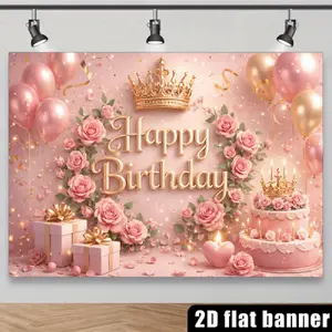 2D Flat Luxury Polyester Birthday Party Backdrop & Banner, Summervibes Pink Gradient Background with Light Spots, Heart-Shaped Accents, "Happy Birthday" Art Words, Crown, Pink & Champagne Balloon Bunch, Banners,summervibes