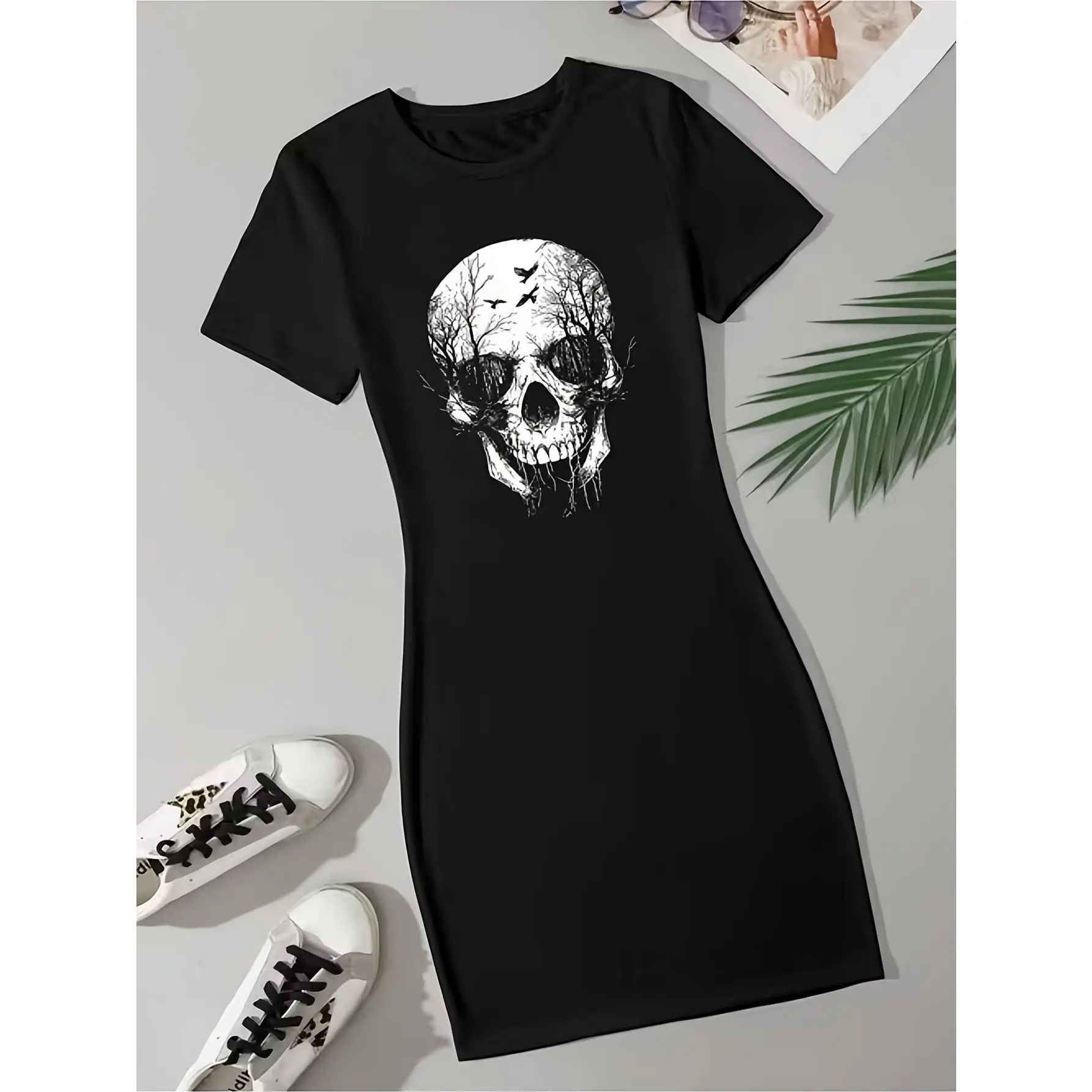 Women's Casual Cotton Breathable Skull Print Short-Sleeve Round Neck T-Shirt Dress - Ideal for Home, Going Out, Valentine's Day Style Occasions, Shortsleeve, Fabric, Casual Wear, 100% Cotton, Relaxed Fit