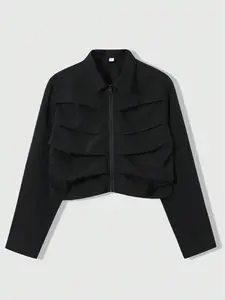 Men's Solid Zip Up Jacket with Pocket Design, Regular Fit Casual Long Sleeve Collared Outerwear for Spring & Fall, Fashion Men's Clothes for Daily Wear, Coats