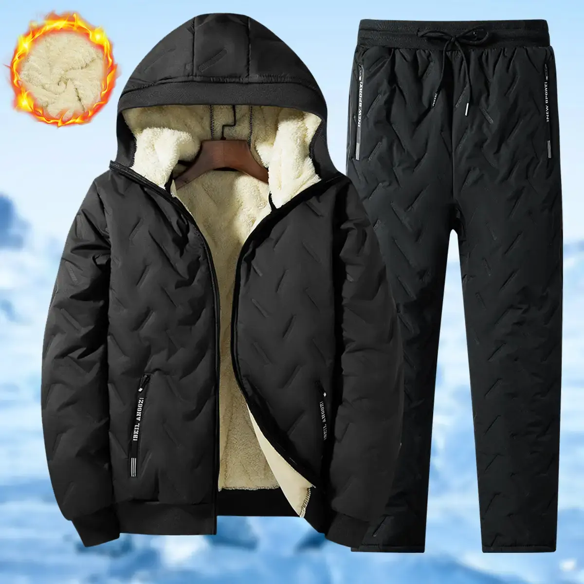 Men’s hooded cotton clothing set, hoodie + long pants two-piece set, windproof, wear-resistant fabric, suitable for commuting, outdoor activities, and everyday winter use in multiple scenarios.