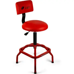 Shop Stool with Backrest, Mechanic Garage Stool for Workshop, Adjustable Stool Chair, Padded Workbench Stool for Men Women, 300 LBS Capacity, 360? Swivel PVC Seat, Heavy Duty, Red