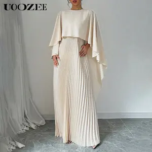 Women's Elegant Cape Sleeve Dress, Chic Solid Pleated High-Low Gown for Holiday Formal Evening Parties