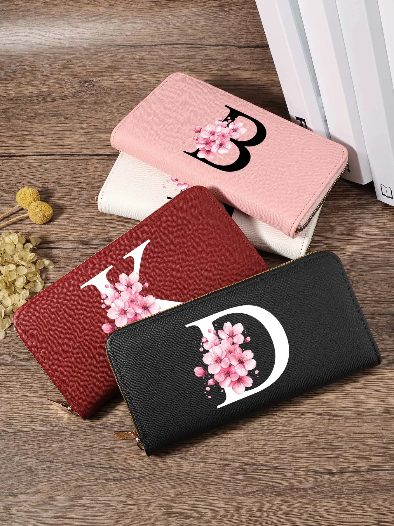 Chic Initial Cherry Blossom Long Wallet, Fashion Monogram Full-Zipper Clutch Purse Large Capacity Multi-Slot Portable Card Holder for Women Daily Use & Travel