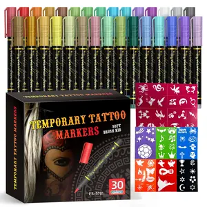 【Templates included】10/15/30-Count Body Markers Color Tattoo Pens, Flexible Brush Tip, Bright Colors, Cosmetic Quality Face Paint Kit, Perfect Christmas Gifts-MM