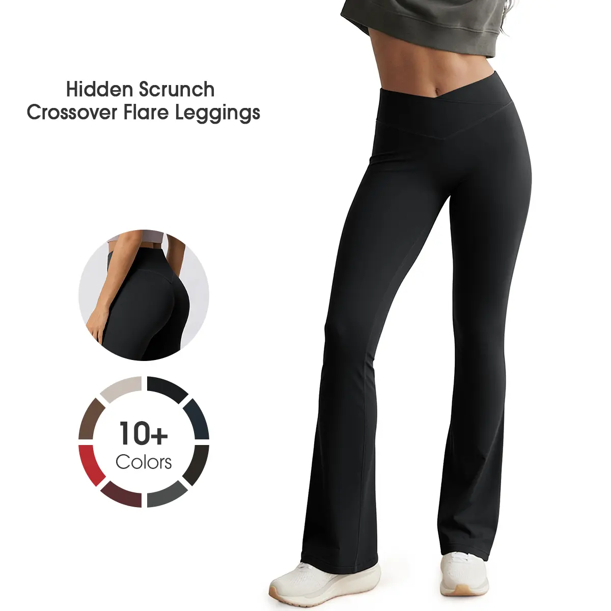 ODODOS Hidden Scrunch Butt Lifting Crossover Flare Leggings for Women - No Front Seam Booty Sculpting Yoga Pants, 30" Inseam Activewear Bottoms Athletic Bottoms