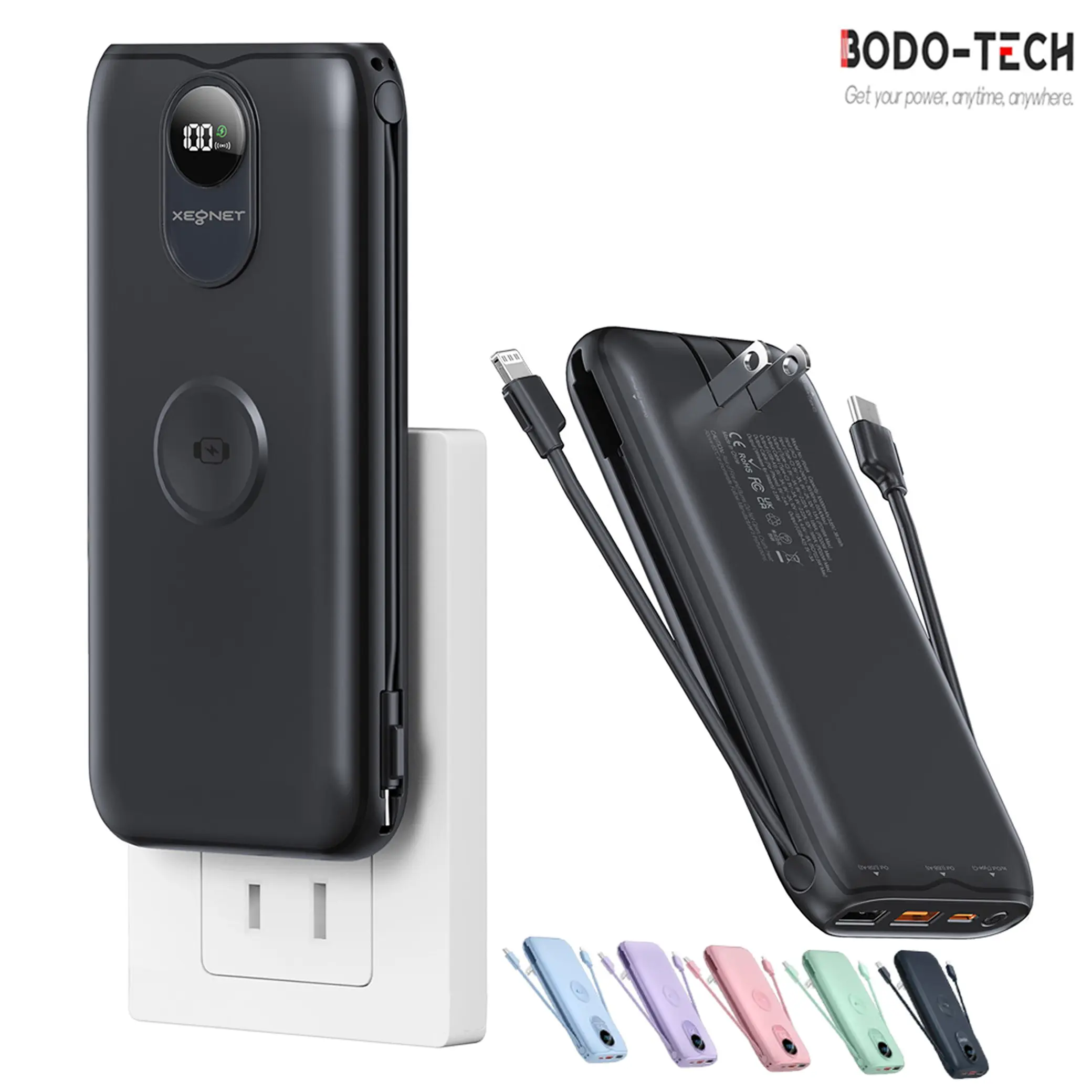 Bodo-Tech 10000mAh Power Bank with Built-in USB-C & Lightning Cables, AC Wall Plug, 22.5W Fast Charging Portable Charger with Wireless Charger for iWatch, Travel Battery Pack for iPhone & Android Deals For You Days