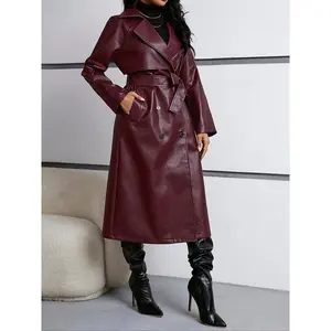 Women's solid color double button pocket PU leather coat, elegant waterproof collar long sleeved coat for autumn and winter, women's daily clothingRAIMENTRY