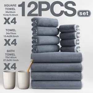 12-Piece Ultra-Luxury Coral Fleece Premium Towel Set, 4 Bath Towels + 4 Hand Towels + 4 Face Cloths, Super Soft and Absorbent, Ideal for Home, Camping, Hotel