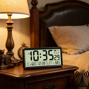 EASYERA 15" Large Atomic Digital Wall Clock, Battery Operated, Self-Setting, Large Display with Temperature, Humidity, Date, Day of The Week, Silent Wall Mount Digital Clock, 4 Time Zones, DST, Wireless Auto Atomic Time Sync Table Clock tiktokshopspringgl