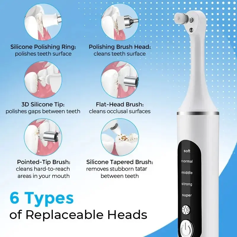 Electric toothbrush, dental calculus remover, plaque remover, rechargeable toothbrush, wireless teeth cleaner, 5-speed adjustable, 6 replacement brush heads, LED light, multi-functional oral care tool, teeth cleaning machine