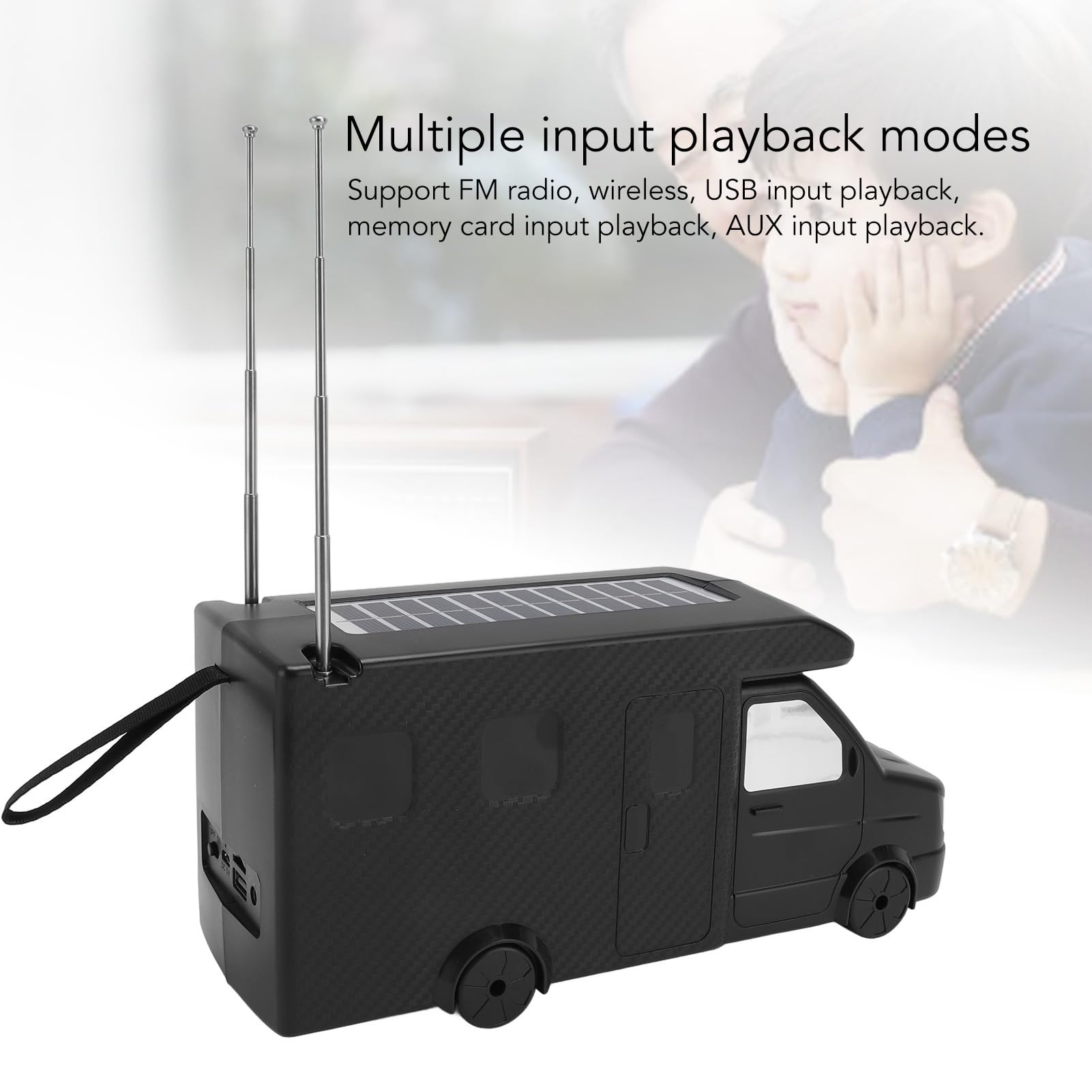 Recreational Vehicle Van Design Portable Speaker, Solar Powered, Multi-Media Compatibility, Carry Strap, USB & Micro SD Slot