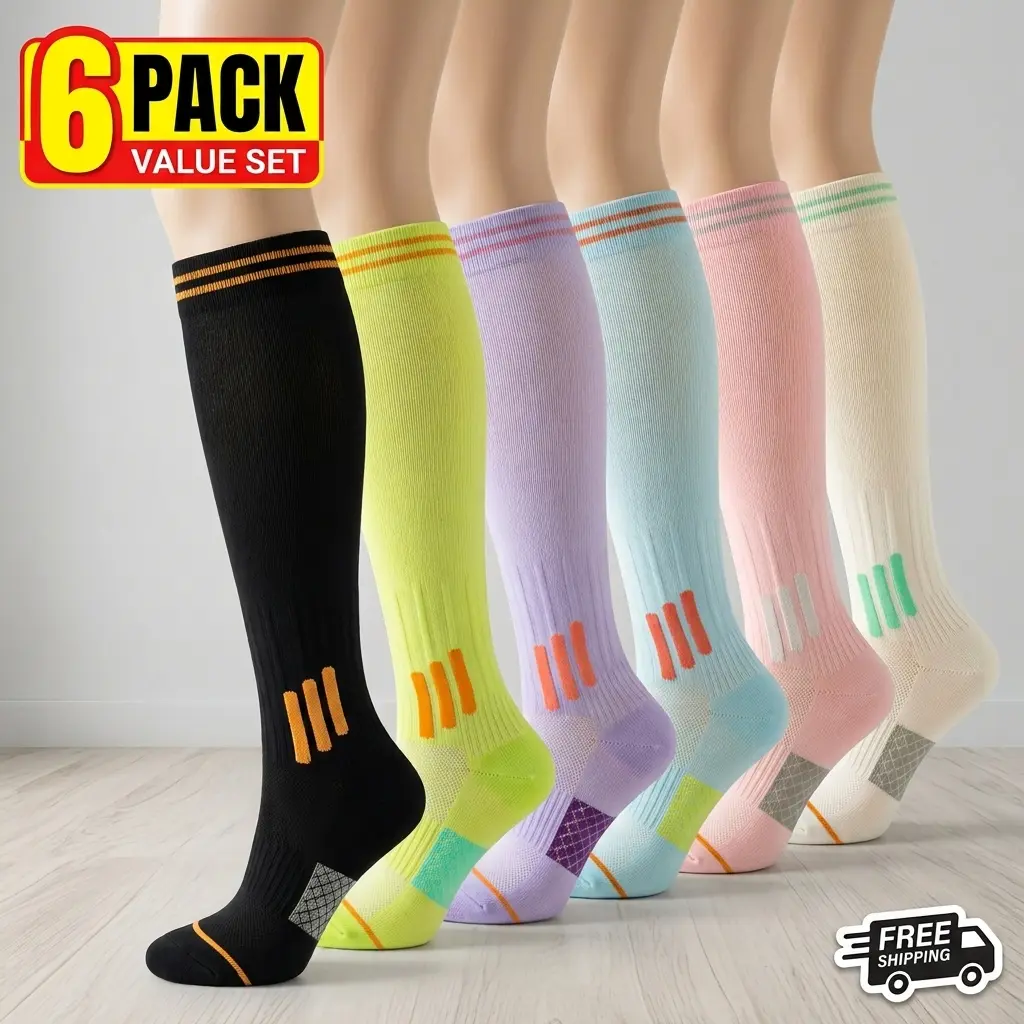 UGEM 6 Pairs Graduated Compression woman Socks (23-32 mmHg) – All-Day Relief for Nurses, Runners, Flight & Swollen Feet | Breathable & Durable