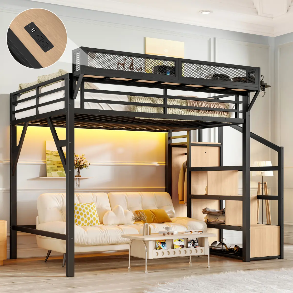 [Bellemave] （2 packages）Loft Bed with Storage Stairs, Shelves and Built-in Wardrobe, Metal Loft Bed Frame with USB Ports and LED Lights, Noise-reduced Design, Natural Wood