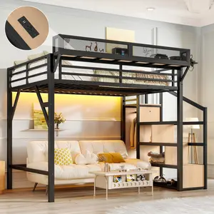 [Bellemave] （2 packages）Loft Bed with Storage Stairs, Shelves and Built-in Wardrobe, Metal Loft Bed Frame with USB Ports and LED Lights, Noise-reduced Design, Natural Wood