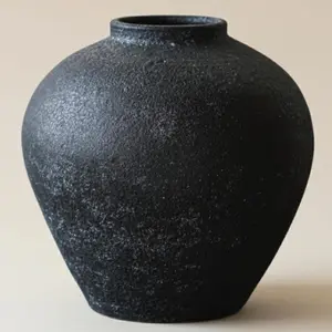 Large Rustic Ceramic Vase 10.6 inches Tall, Farmhouse Stone Decor, Big Black Round Vase Living Room  Decor, Earthy Textured Large Vases for Centerpieces Console Table