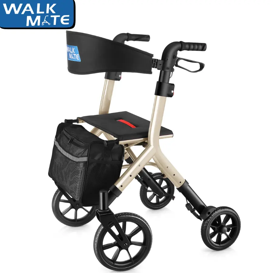 WALK MATE Aluminum Rollator Walker for Seniors (5.3ft-7ft Tall), 300lbs Capacity, 10in Wheels, Height-Adjustable Seat, Widen Detachable Backrest, Compact Folding Stripe Design Gold Mobility Aid