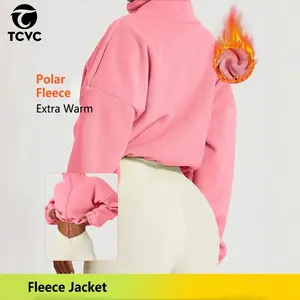 TCVC Women's Solid Color Zip Up Thermal Lined Sports Sweatshirt Casual Drop Shoulder Long Sleeve Stand Collar Outerwear for Yoga Gym Workout Ladies Sportswear for Fall & Winter Valentine's Day Gift