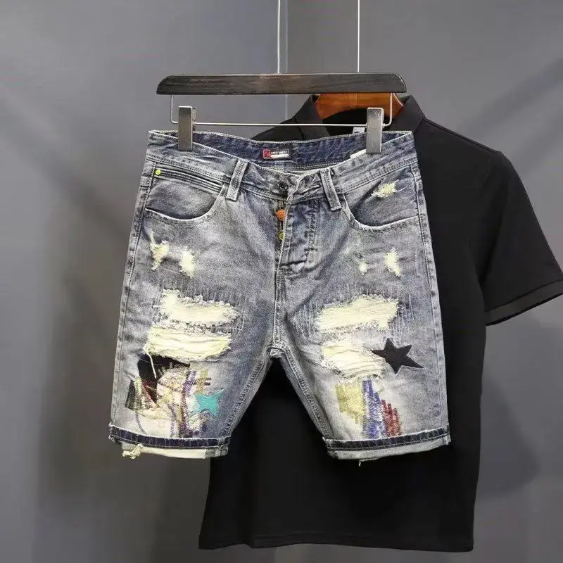 pocket athletic sweat New High-Streets Summer Slim Denim Shorts for Men with Distressed Ripped Embroidered Cat Whiskers Hip Hop Streetwear Short Pants Blue Menswear Trouser Motocross Jean Bottle Operator Tropical pocket short