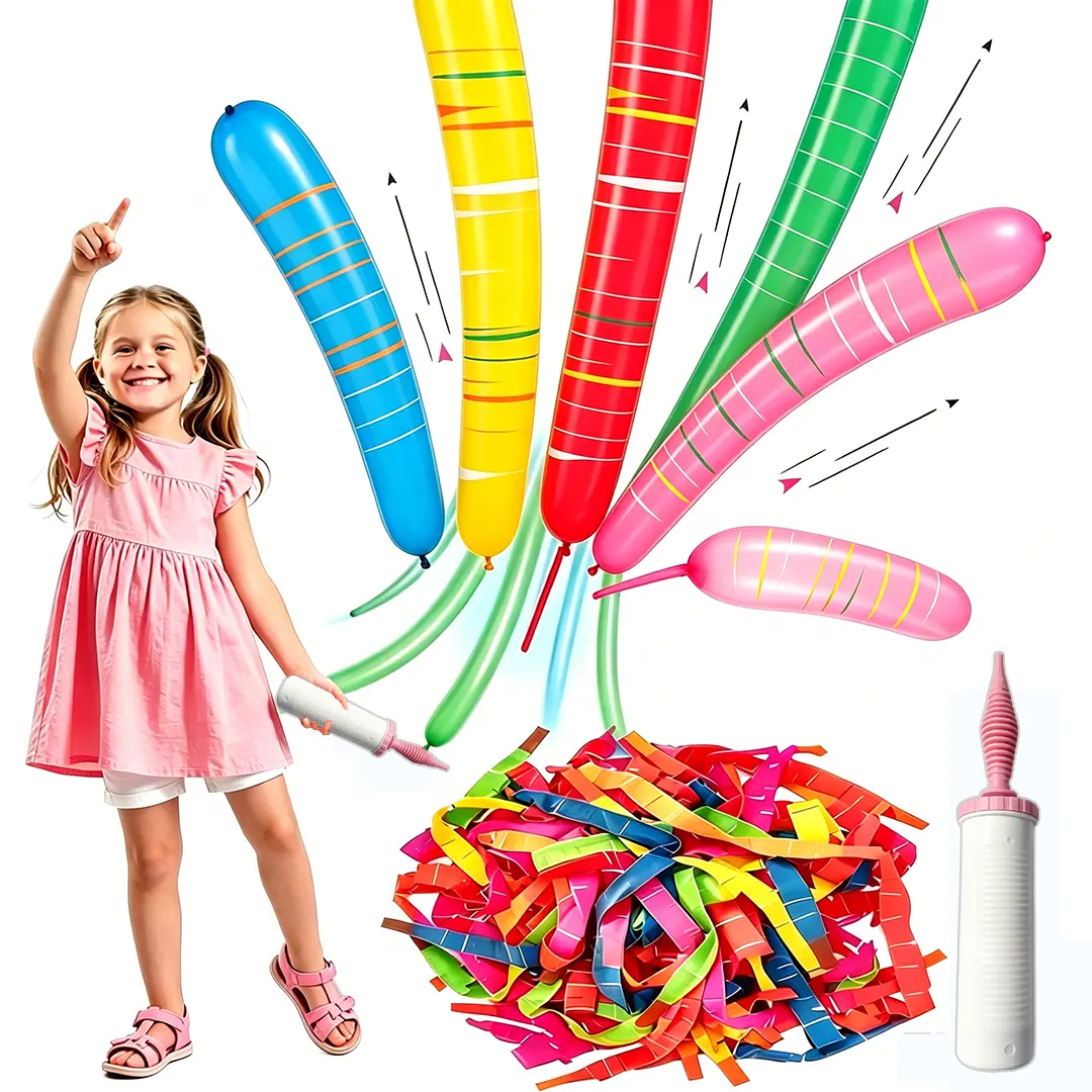 100-Pack Rocket Balloons, Whistling Flying Balloon with Aerodynamic Tip, Reusable Long Balloons with Pump, Kids Toys for Birthday Party Outdoor Fun