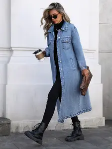 Women's Button Front Denim Coat, Elegant Casual Long Sleeve Outerwear for Spring & Fall, Women's Clothing for Daily Wear