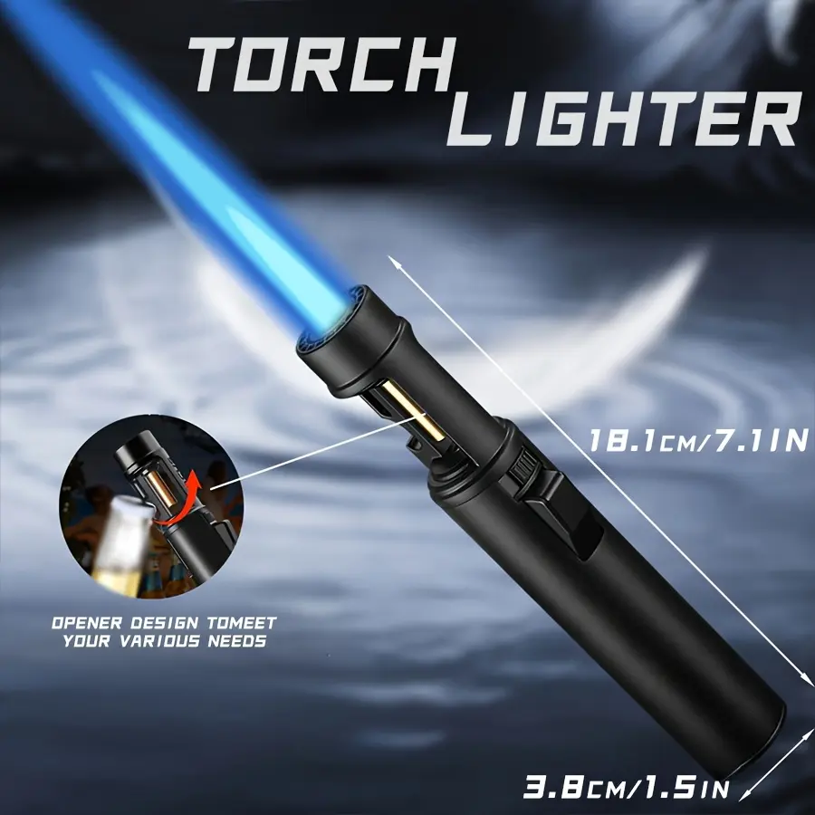 Durable Zinc Alloy Torch Lighter, Windproof 2-in-1 Design with Bottle Opener, Refillable with Adjustable 1300°C Blue Flame for Grilling, Camping, & Outdoor Enthusiasts, Campfire / Bbq Party, High Temperature 1300°C