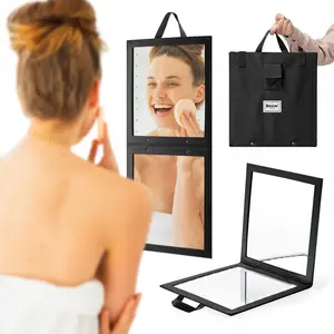BRÜUN Backstage Hanging Mirror 25" x 11.4" Inches for Dance Bag with Dimmable LED Lights for Focused Glow – A Black Colored Foldable Mirror for Dancers and Artists with Touch Sensitive Power Button