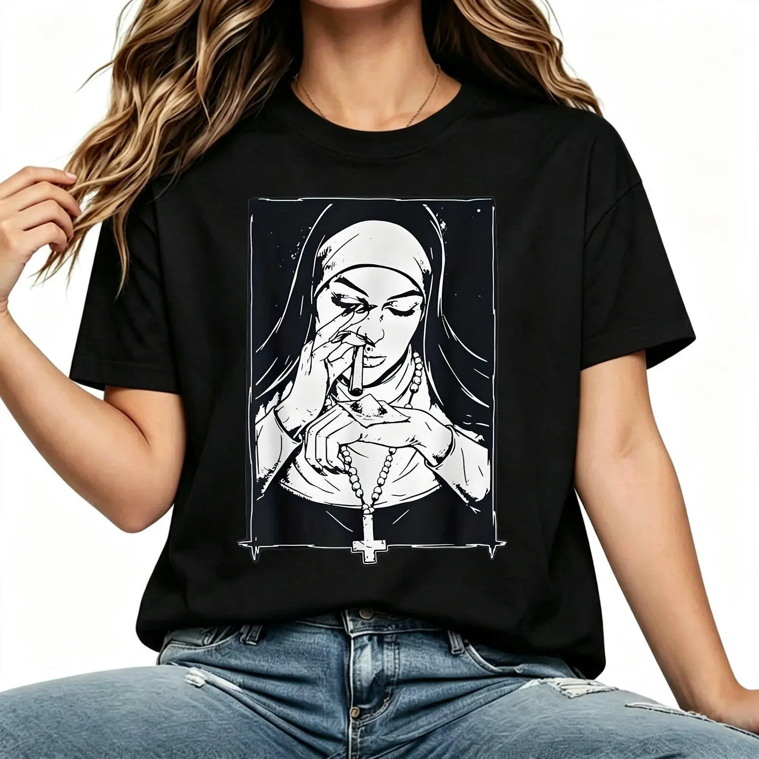 Funny Unholy Drug Nun Costume Essential Costume for Couple Women T shirts Casual Crew Neck Short Sleeve Tee Breathable Comfortable Style Fashion Apparel Top Womenswear