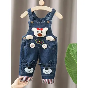 Boys' and Girls' Infant Navy Blue and Blue Bear Pattern Adjustable Shoulder Straps Open-Crotch Washable Denim Overalls Denim Jumpsuit Overalls Suitable for Outdoor Wear, Perfect for Outdoor