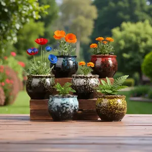 6-Pack Assorted Kiln-Change Glaze Ceramic Light-Glazed Flower Pots - Colorful Textured Design, Perfect For Poppies/Ferns/Flowers, Rustic Outdoor Indoor Garden Decor Planters