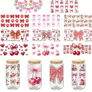 11 Pcs UV DTF Cup Wrapping Stickers, Fits 16oz, 20oz, 40oz Glass Cups, Bow Design Transfer Stickers for Coffee Mugs, Christmas, New Year, Valentine's Day, Crafts Cup Stickers