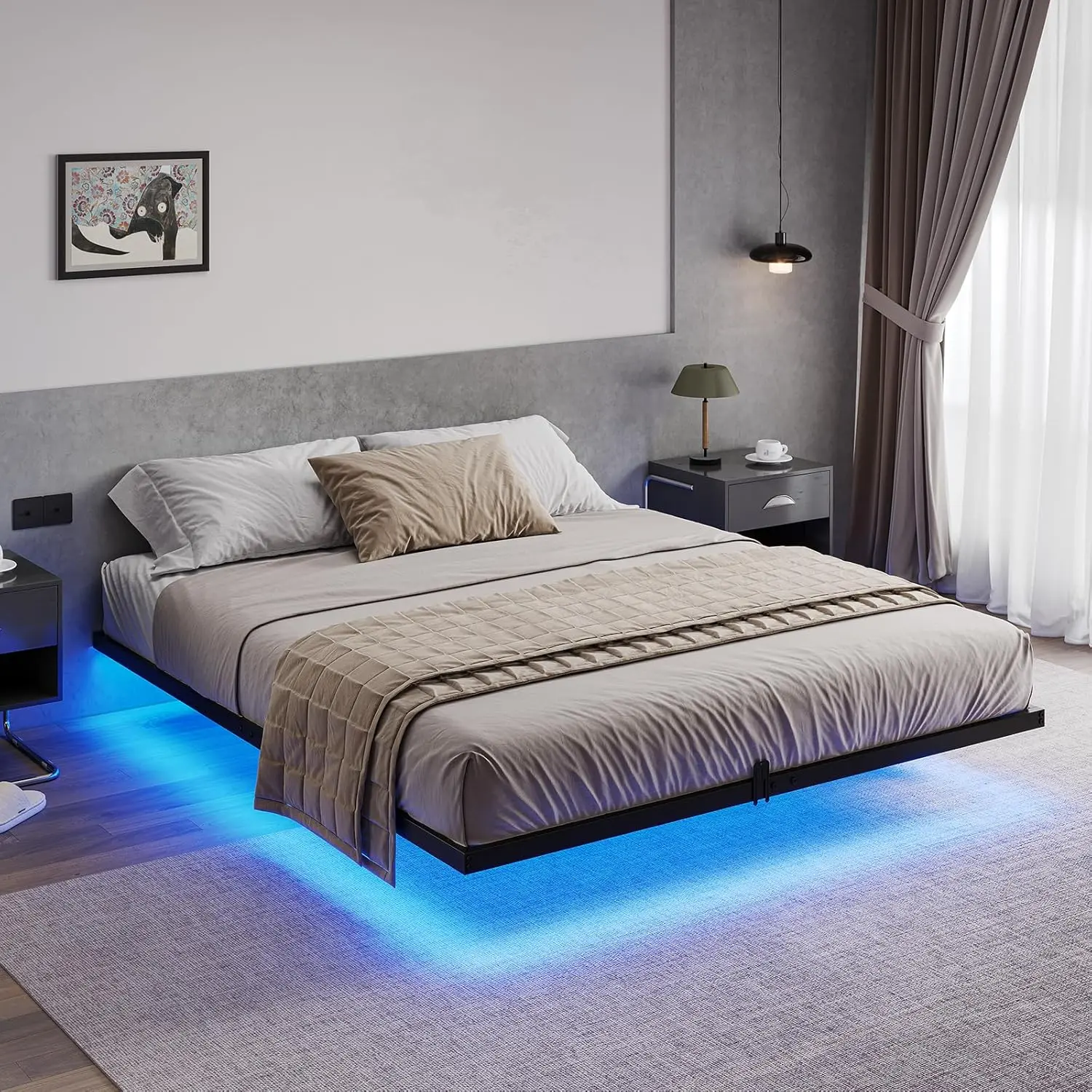 [SummerSale] Sikaic Floating Bed Frame with LED Lights, Metal Platform Bed, No Box Spring Needed, Easy to Assemble, Black Modern Bedroom Furniture, Home Furniture, Dorm Essentials