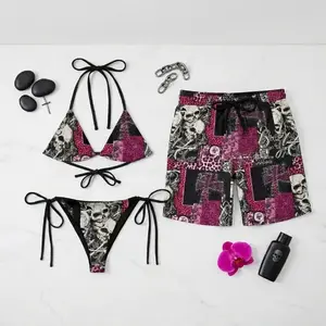 Matching Couple Y2K Gothic Swimwear Set – Skull Print Pink Leopard Bikini & Men’s Board Shorts, Alternative Punk Rock Summer Beach Outfit, Lightweight Quick Dry Vacation Swimwear