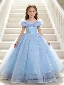 Girls' Long Dress for Piano Concerts, Elegant Cloud Shoulder Design, Floral Pattern, High Waist, Cap Sleeve, Party Wear, Easter Style